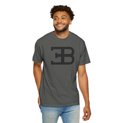 Model wearing Graphite Bugatti Logo T-Shirt with dark grey text. High-quality Bugatti t-shirt for exotic car lovers.