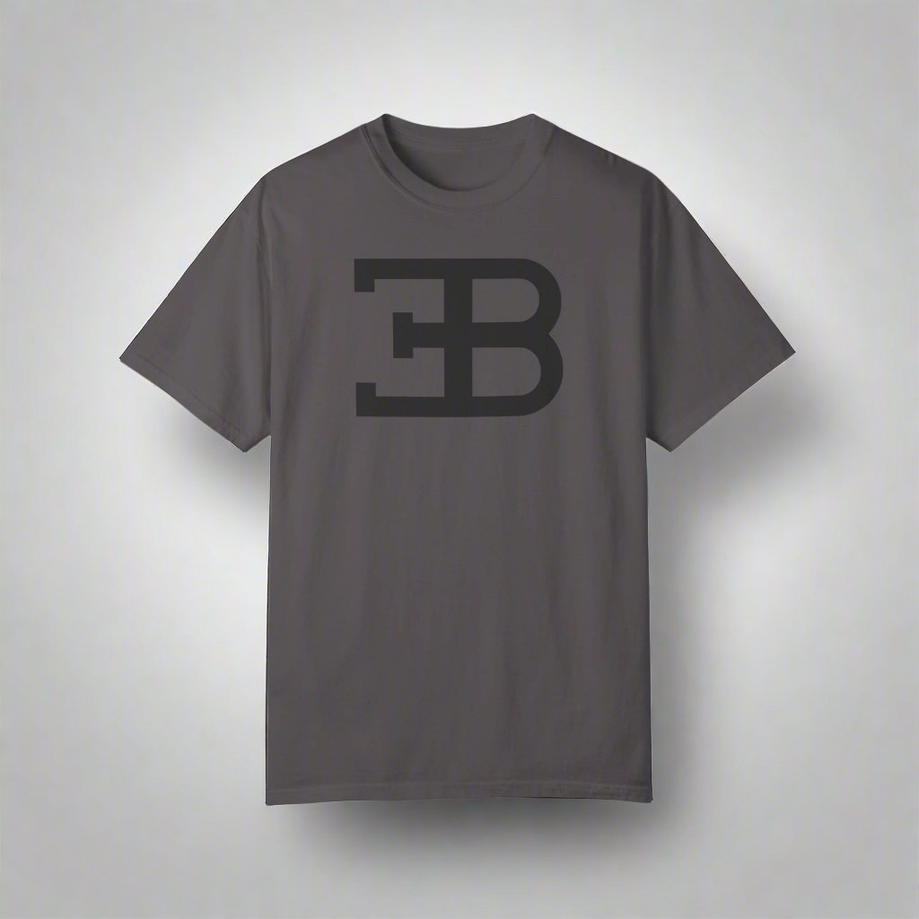 Graphite Bugatti T-Shirt with dark grey text. Exclusive Bugatti Chiron t-shirt for car enthusiasts