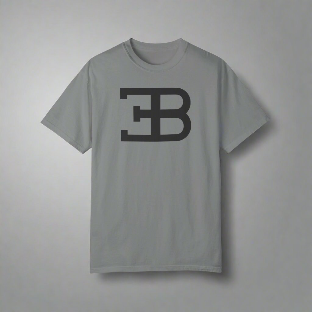 Grey Bugatti T-Shirt with dark grey text. Premium Bugatti apparel for luxury car enthusiasts.