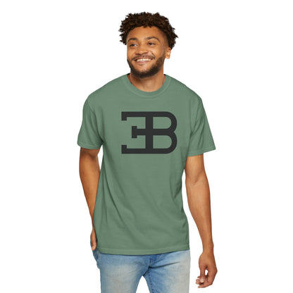 Model wearing Light Green Bugatti Logo T-Shirt with dark grey text. Unique Bugatti t-shirts for car collectors.