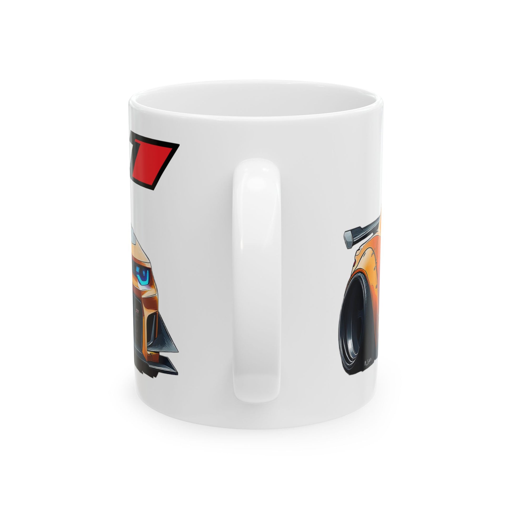 Mug handle view of 11oz White Coffee Mug with a Chevy Camaro ZL1 with the ZL1 emblem placed behind the car. 