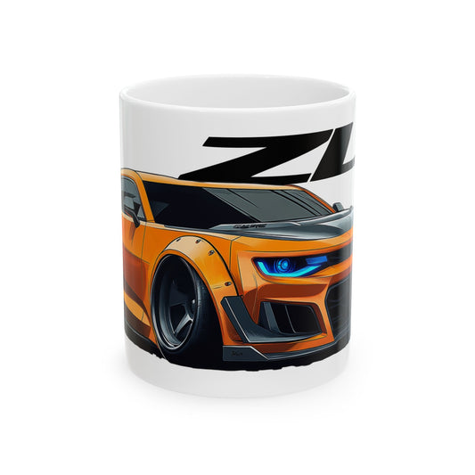 11oz White Coffee Mug with a Chevy Camaro ZL1 with the ZL1 emblem placed behind the car. 