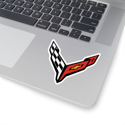 3 inch white sticker of the Corvette C8 emblem on laptop for scale