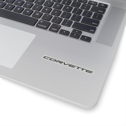 3 inch transparent Corvette sticker applied to a silver laptop, showcasing its size and placement.