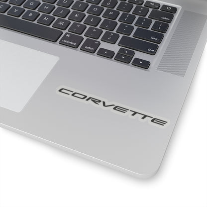 4 inch transparent Corvette sticker applied to a silver laptop, showcasing its size and placement.