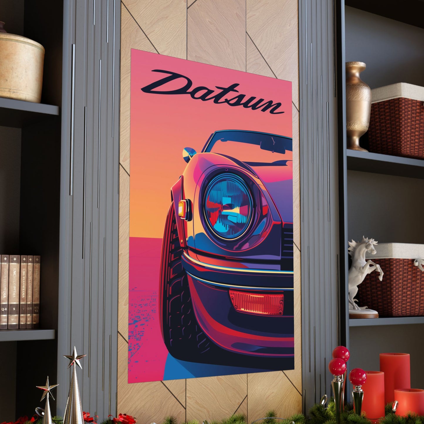 36 x 54 inch Datsun 240z matte poster displayed on a wall