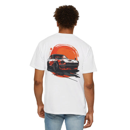 Rear view of model wearing White Datsun 240z T-shirt