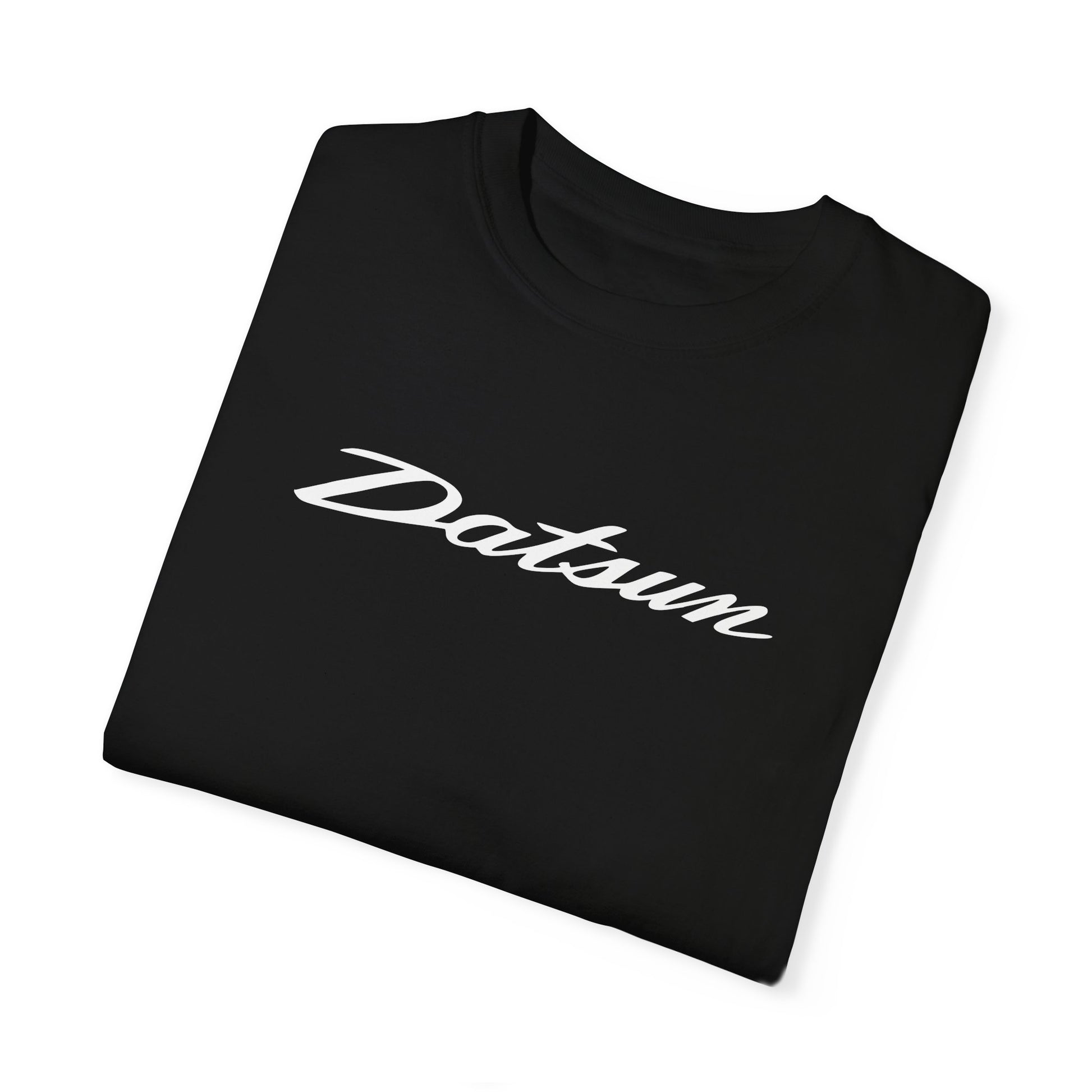 Black Datsun T-Shirt with white text, folded.
