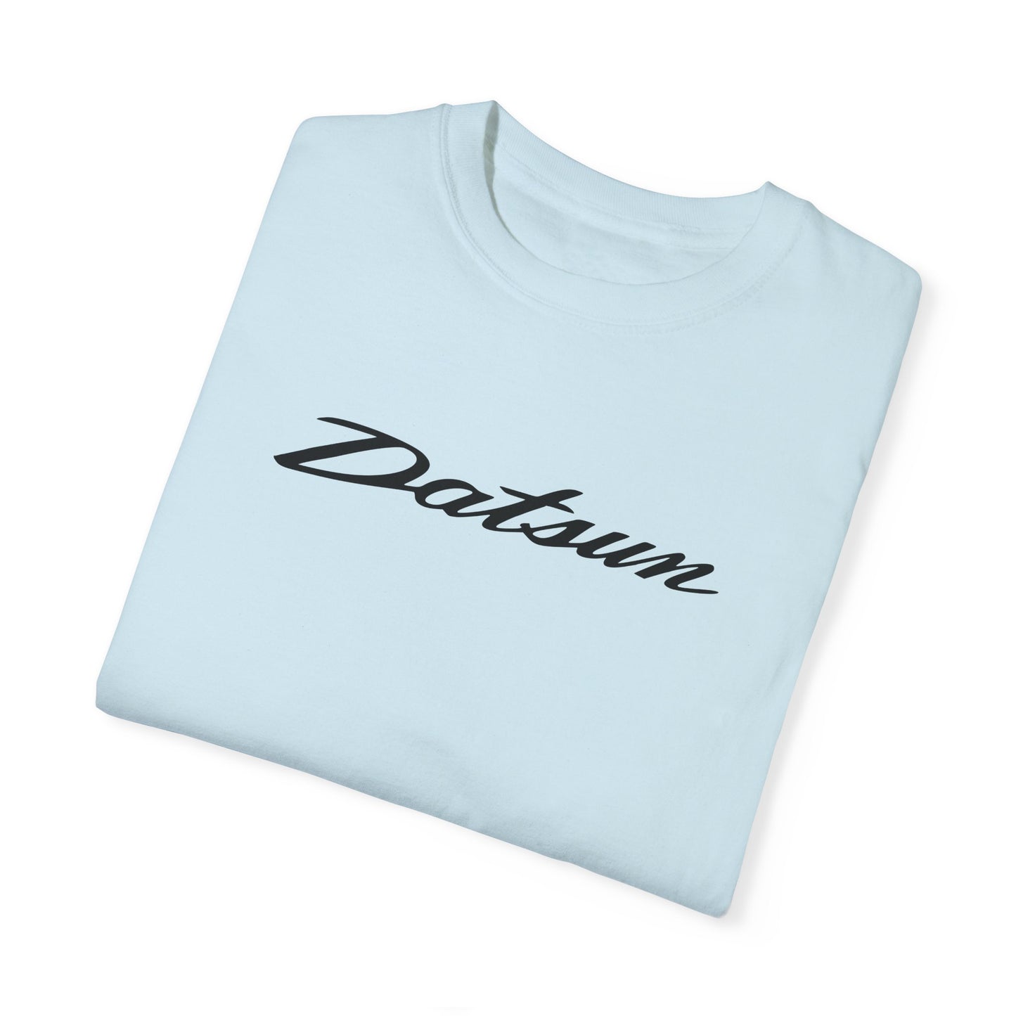 Chambray Datsun T-Shirt with black text, folded.
