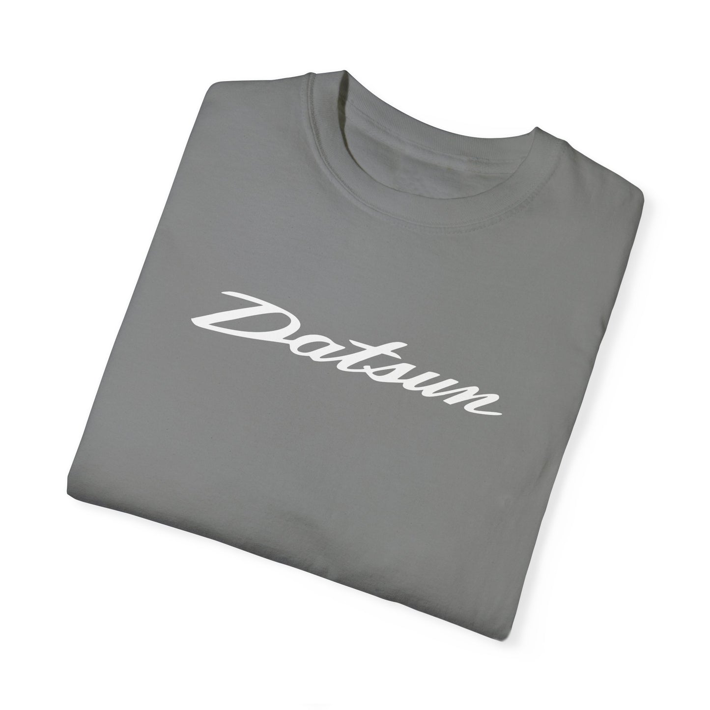 Grey Datsun T-Shirt with white text, folded.
