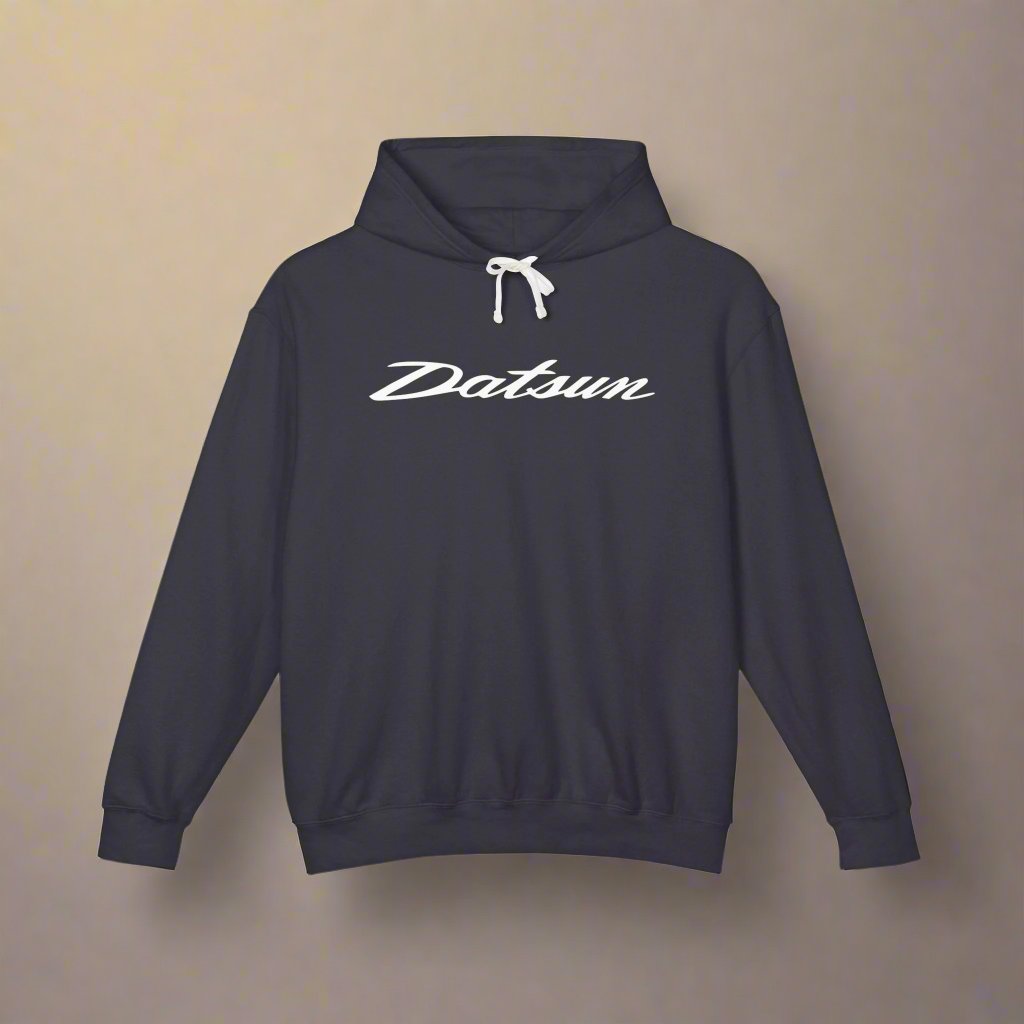 Black hoodie with Datsun logo in white on the front, featuring a natural-colored flatcord hood.