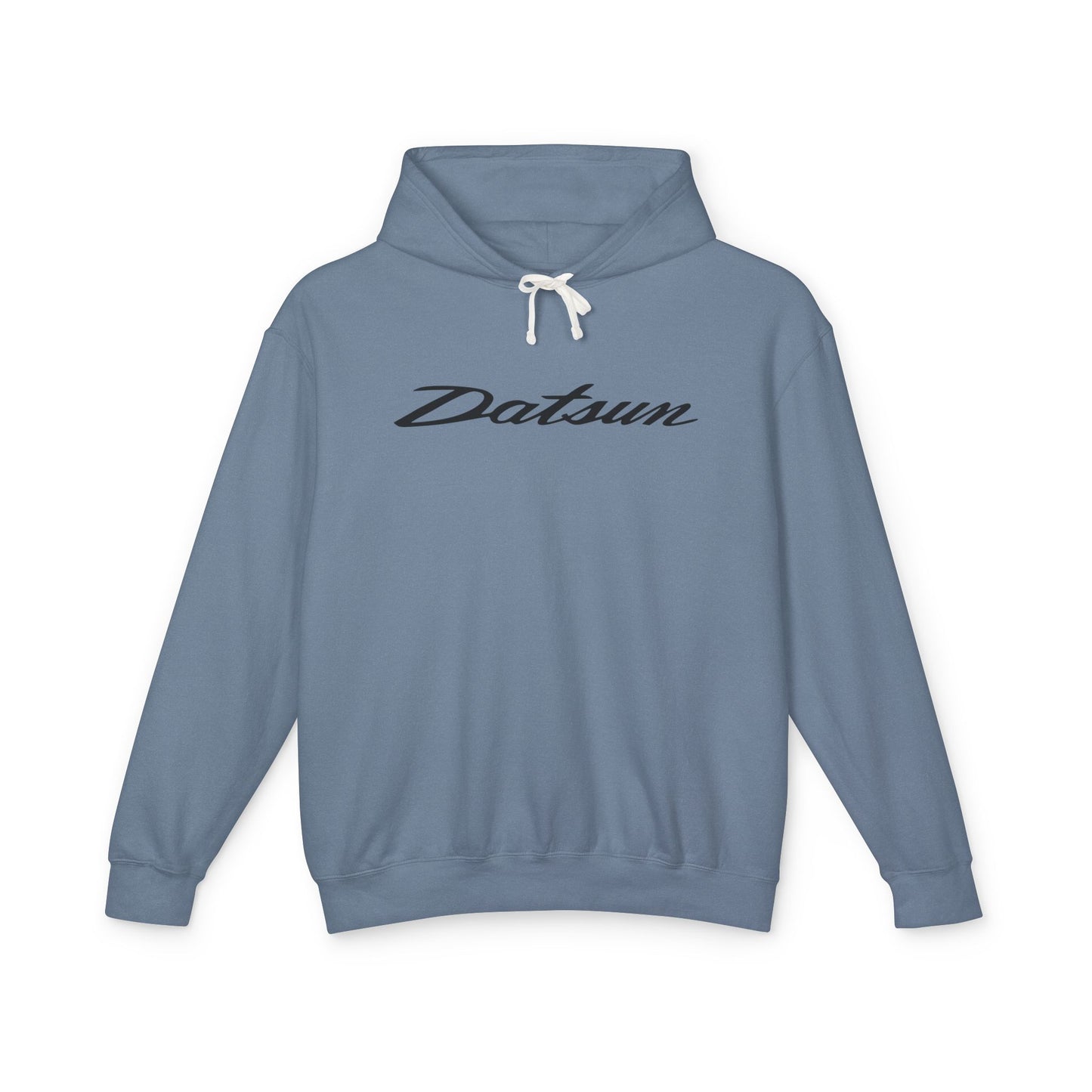 Blue-Jean hoodie with Datsun logo in black on the front, featuring a natural-colored flatcord hood.