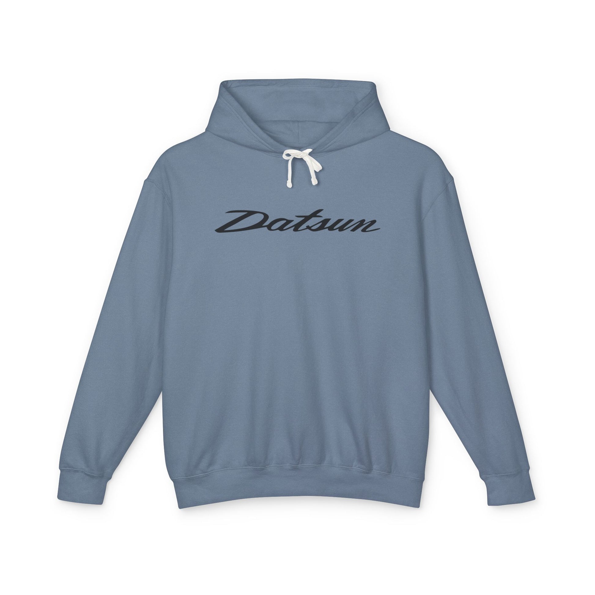 Blue-Jean hoodie with Datsun logo in black on the front, featuring a natural-colored flatcord hood.