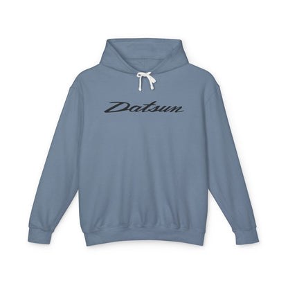 Blue-Jean hoodie with Datsun logo in black on the front, featuring a natural-colored flatcord hood.