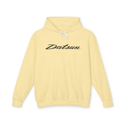 Butter or Pastel Yellow hoodie with Datsun logo in black on the front, featuring a natural-colored flatcord hood.