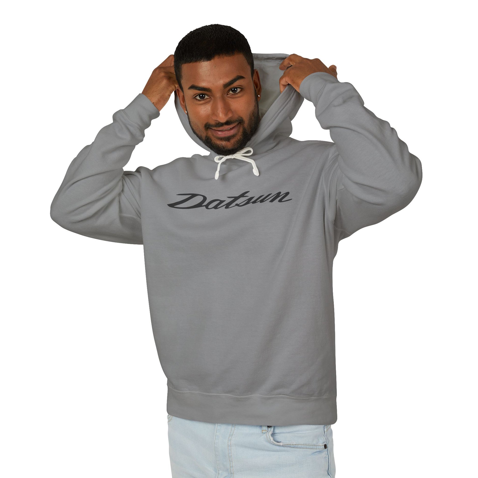 Model wearing a Grey hoodie with Datsun logo in black on the front, featuring a natural-colored flatcord hood.