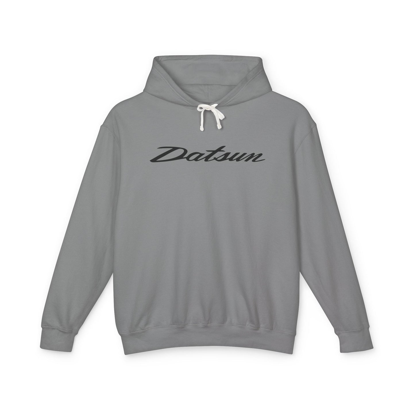 Grey hoodie with Datsun logo in black on the front, featuring a natural-colored flatcord hood.