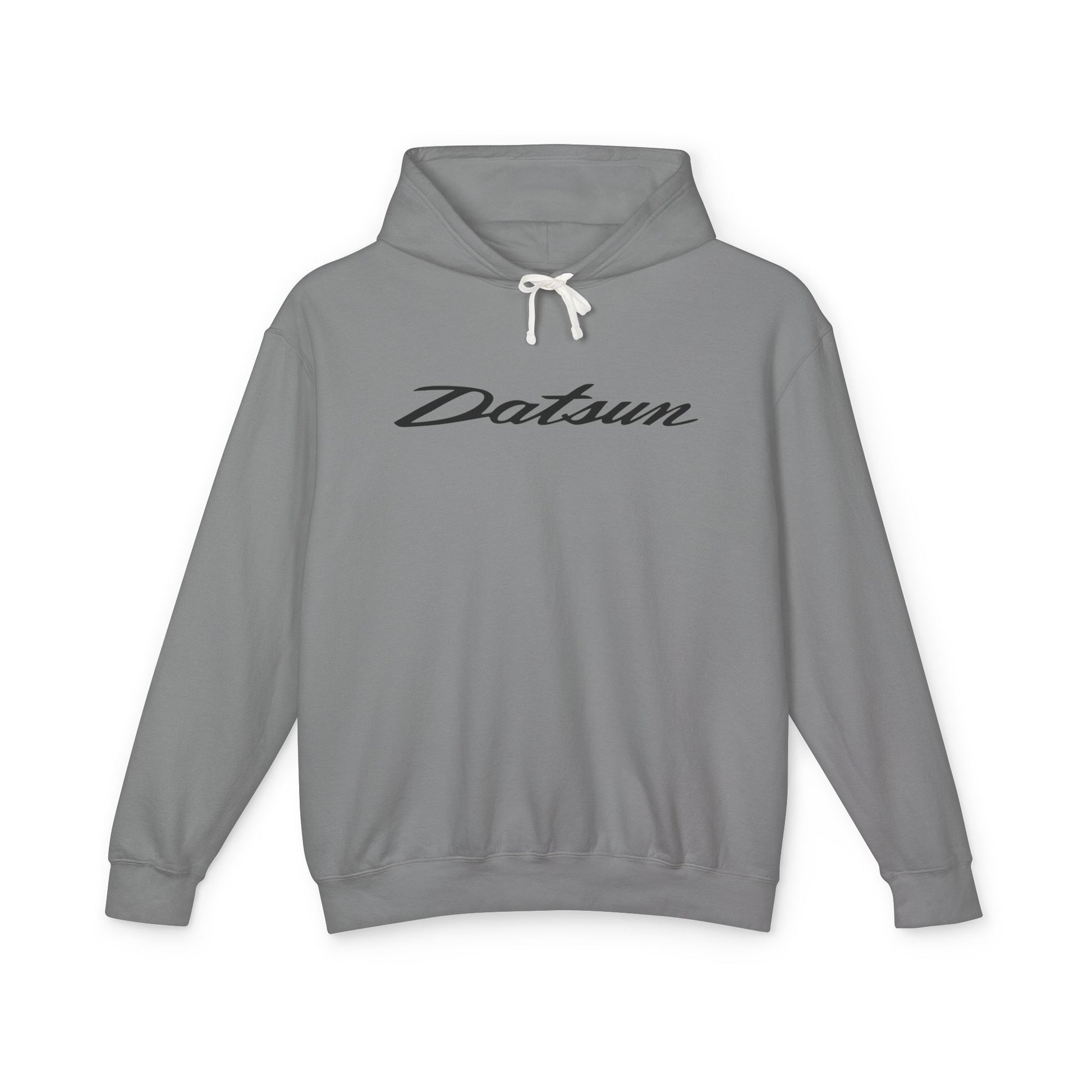 Grey hoodie with Datsun logo in black on the front, featuring a natural-colored flatcord hood.