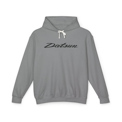 Grey hoodie with Datsun logo in black on the front, featuring a natural-colored flatcord hood.