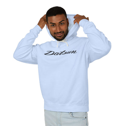 Model wearing a Hydrangea or Light Blue hoodie with Datsun logo in black on the front, featuring a natural-colored flatcord hood.