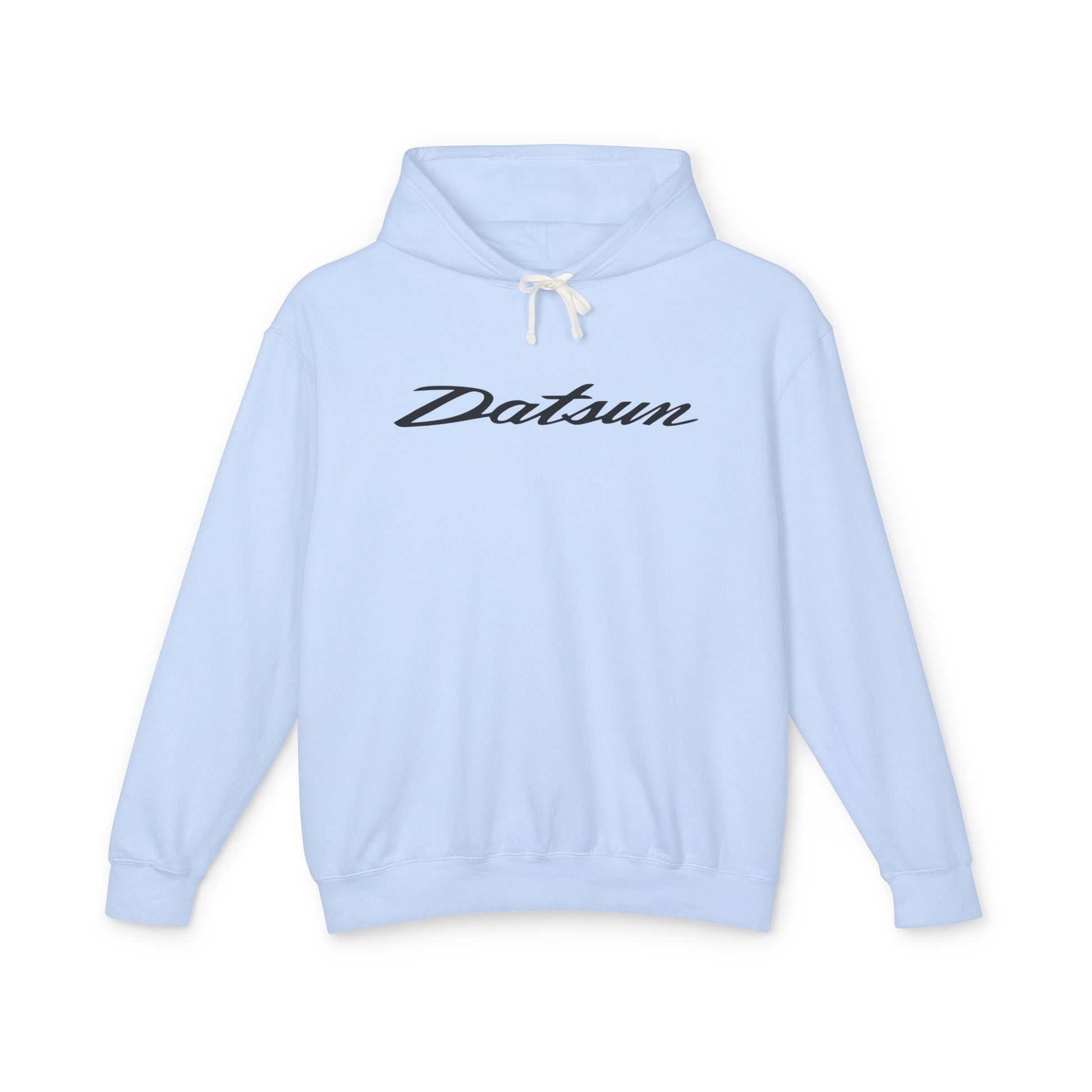 Hydrangea or Light Blue hoodie with Datsun logo in black on the front, featuring a natural-colored flatcord hood.