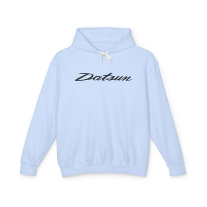 Hydrangea or Light Blue hoodie with Datsun logo in black on the front, featuring a natural-colored flatcord hood.