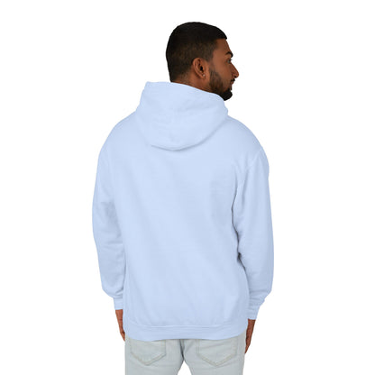 Model facing away, showing of the Hydrangea or Light Blue Datsun hoodie with no designs on the back.