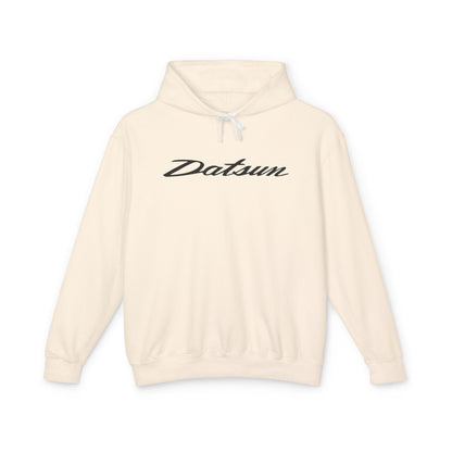 Ivory or Cream hoodie with Datsun logo in black on the front, featuring a natural-colored flatcord hood.