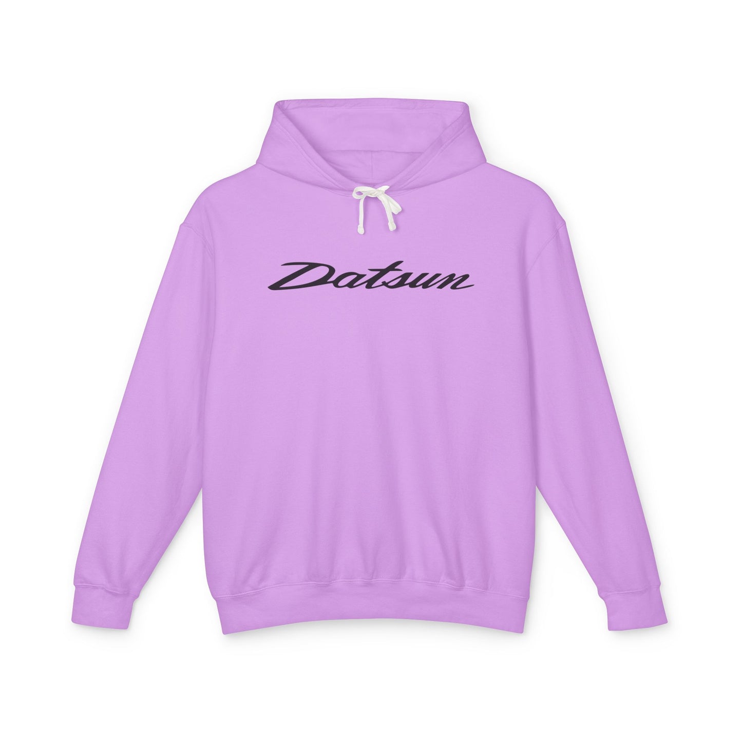 Neon Violet hoodie with Datsun logo in black on the front, featuring a natural-colored flatcord hood.