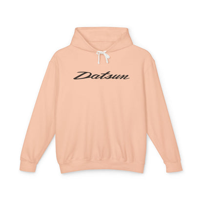 Peachy hoodie with Datsun logo in black on the front, featuring a natural-colored flatcord hood.