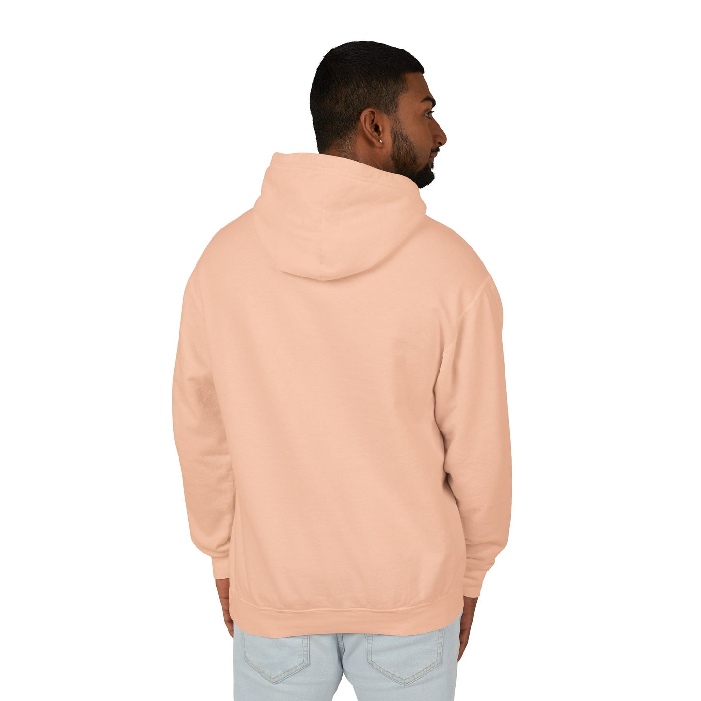 Model facing away, showing of the Peachy Datsun hoodie with no designs on the back.