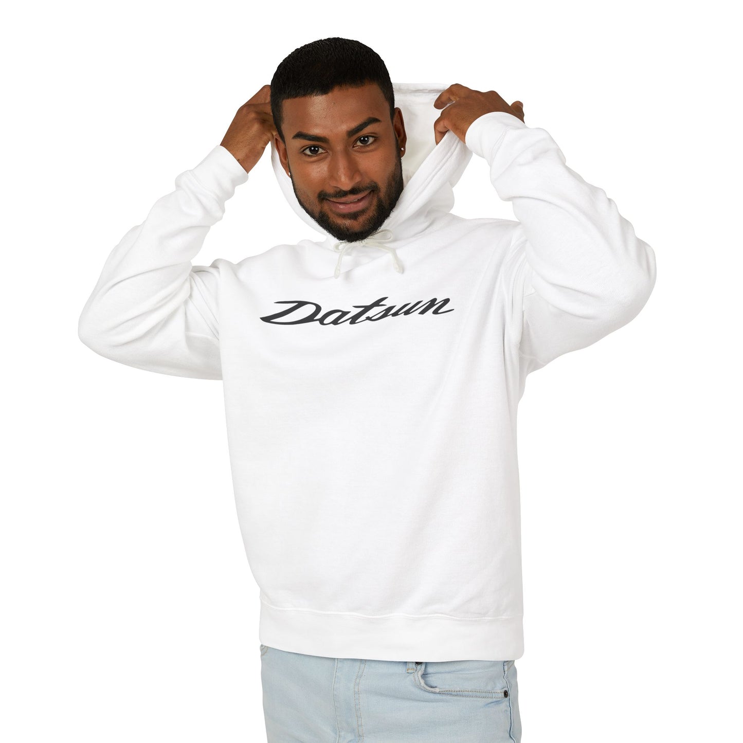 Model wearing a White hoodie with Datsun logo in black on the front, featuring a natural-colored flatcord hood.