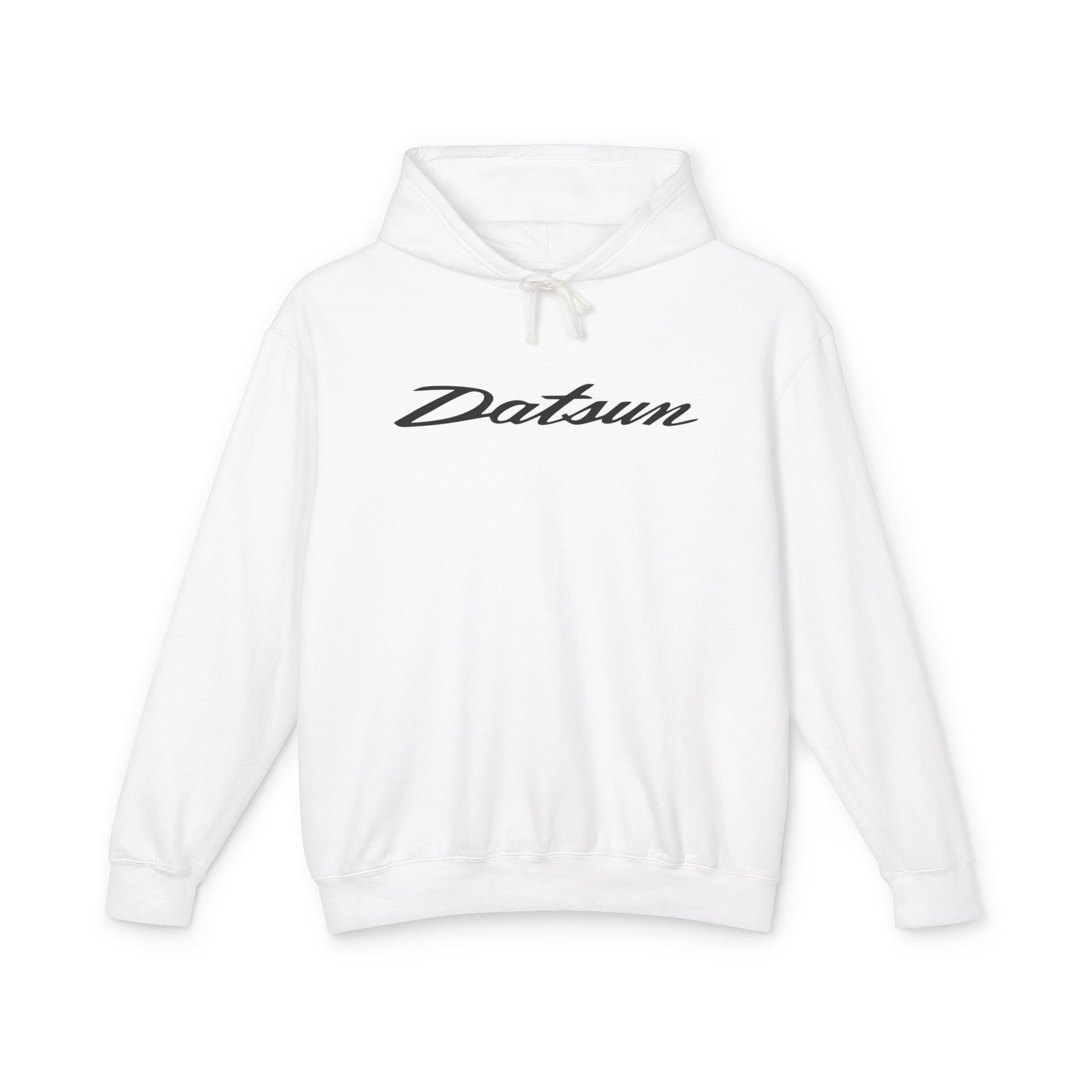 White hoodie with Datsun logo in black on the front, featuring a natural-colored flatcord hood.