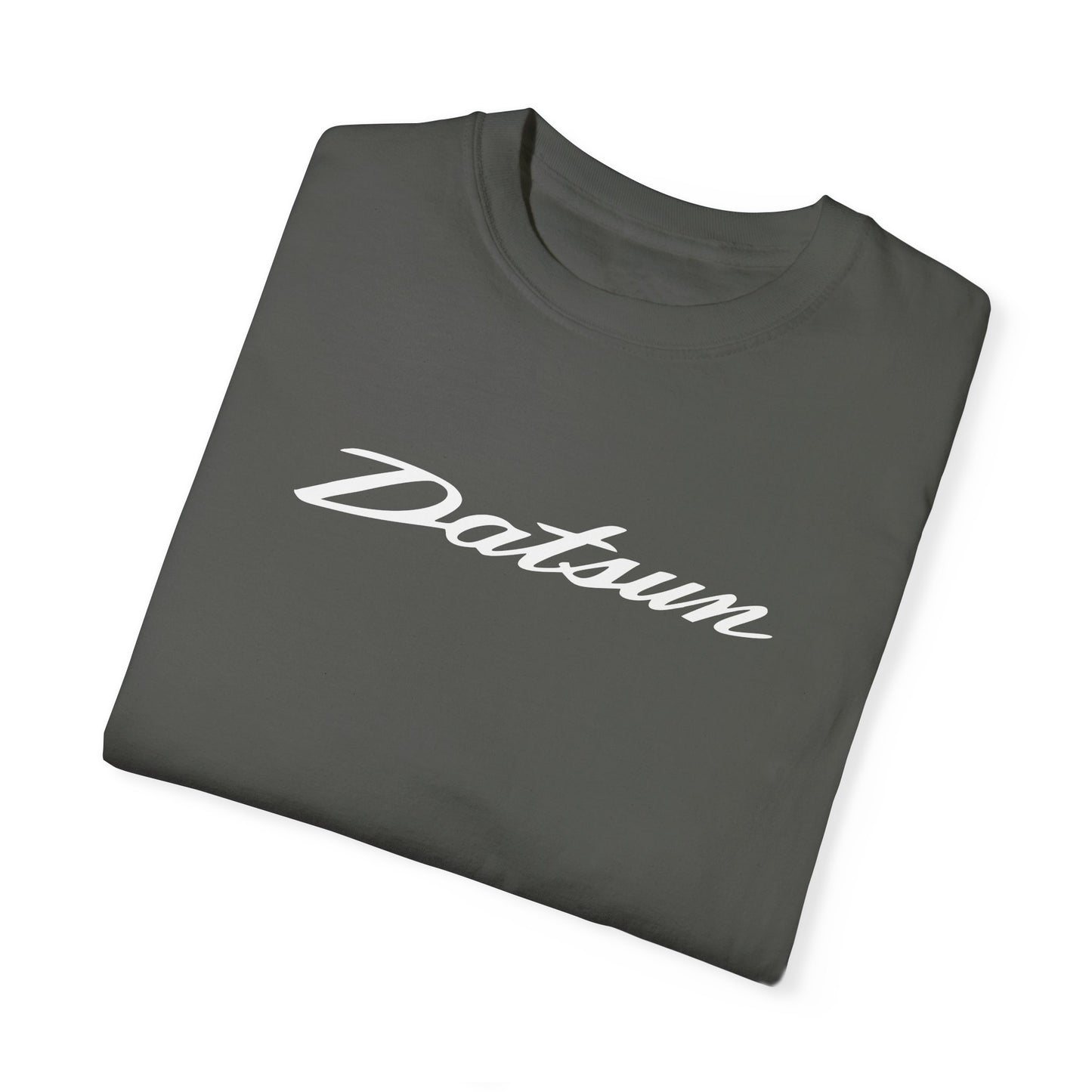 Pepper Datsun T-Shirt with white text, folded.
