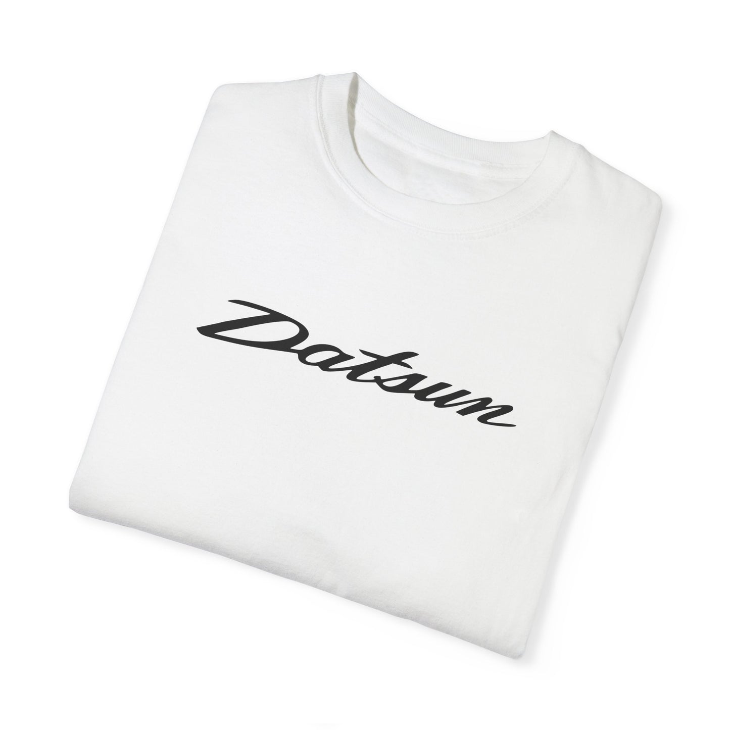 White Datsun T-Shirt with black text, folded.
