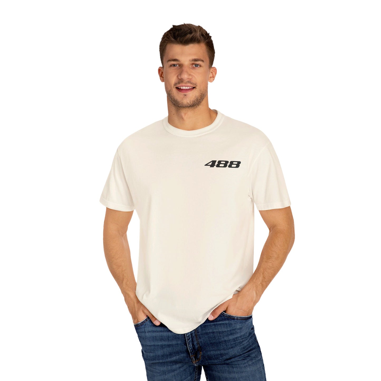 Model wearing Ivory Ferrari 488 T-shirt