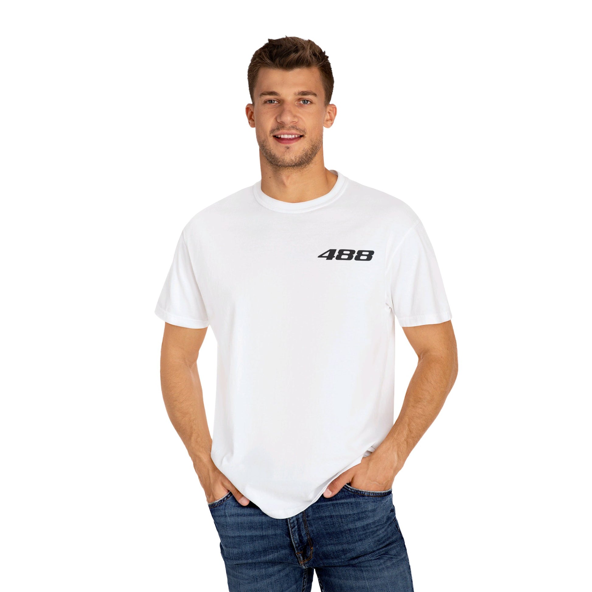 Model wearing White Ferrari 488 T-shirt