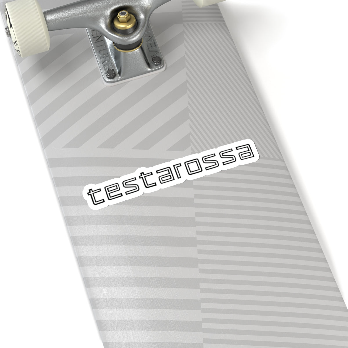 6 inch white Testarossa sticker on a silver skateboard deck