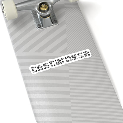 6 inch white Testarossa sticker on a silver skateboard deck