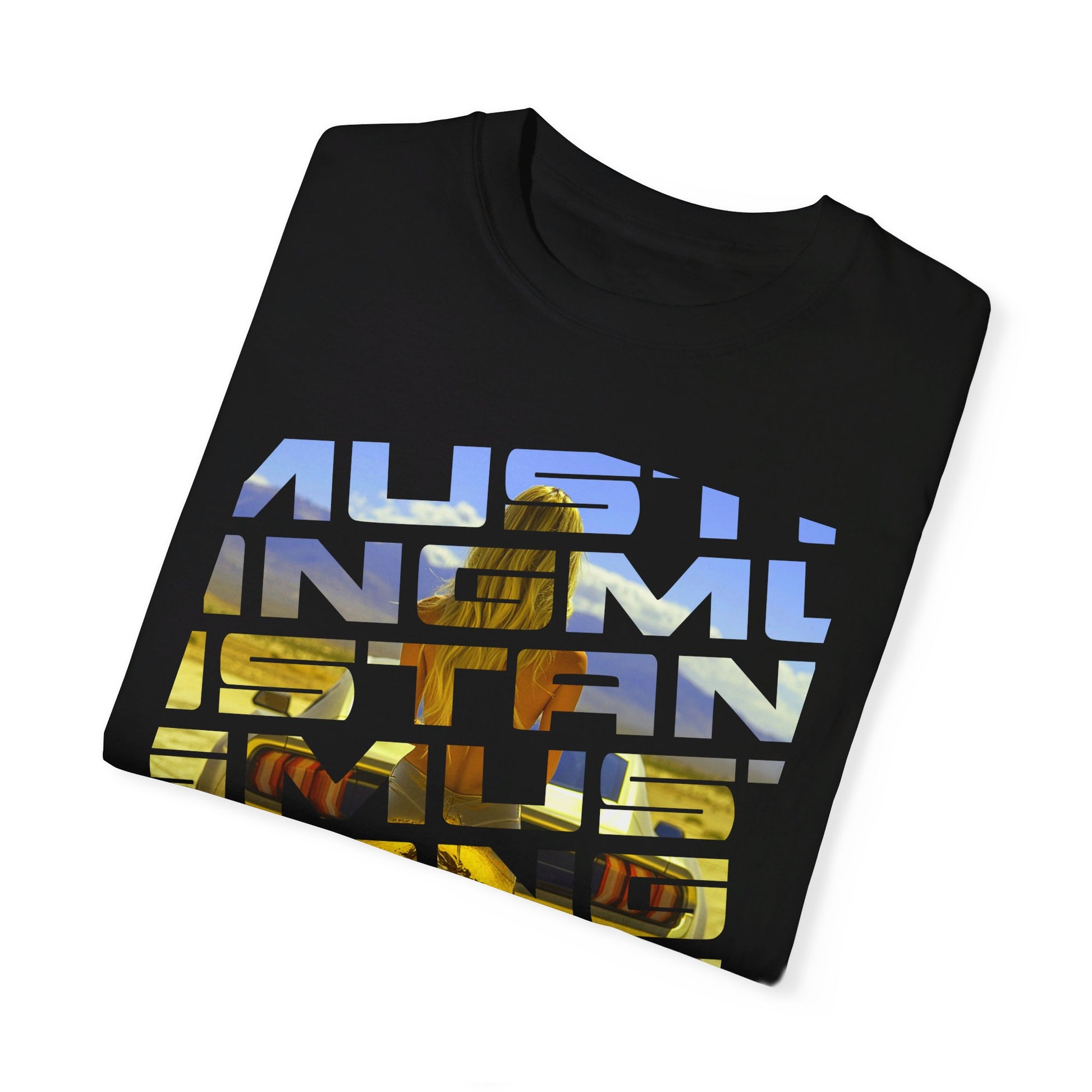 Folded black Mustang Blonde Rear T-shirt with graphic