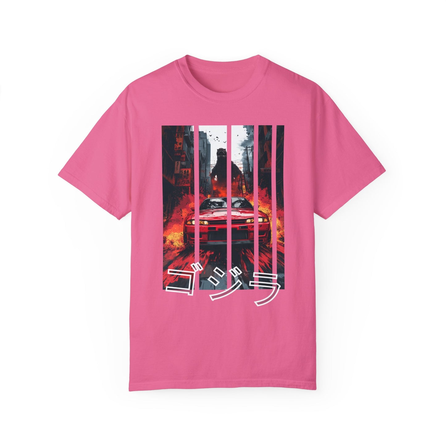 Pink Godzilla T-shirt featuring bold Nissan GT-R print