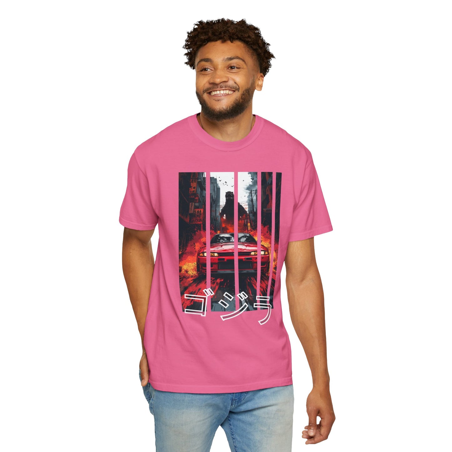 Pink Godzilla T-shirt with Nissan GT-R graphic design