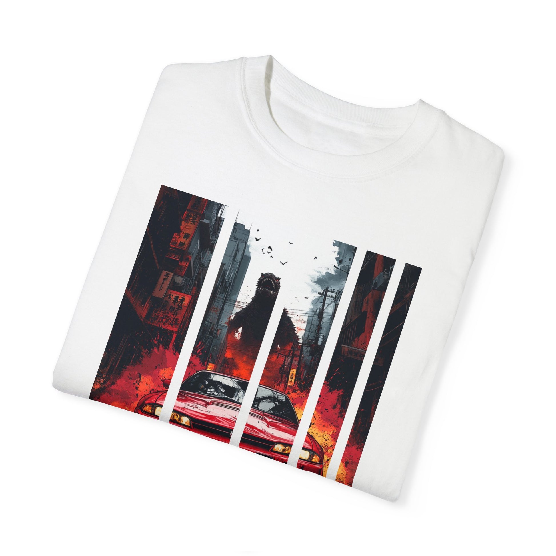 Folded white Godzilla T-shirt with Nissan GT-R design