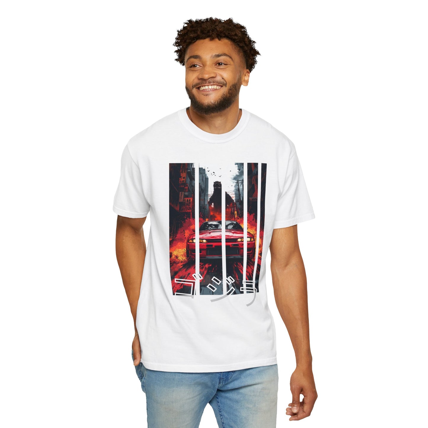 White Godzilla T-shirt with Nissan GT-R graphic design