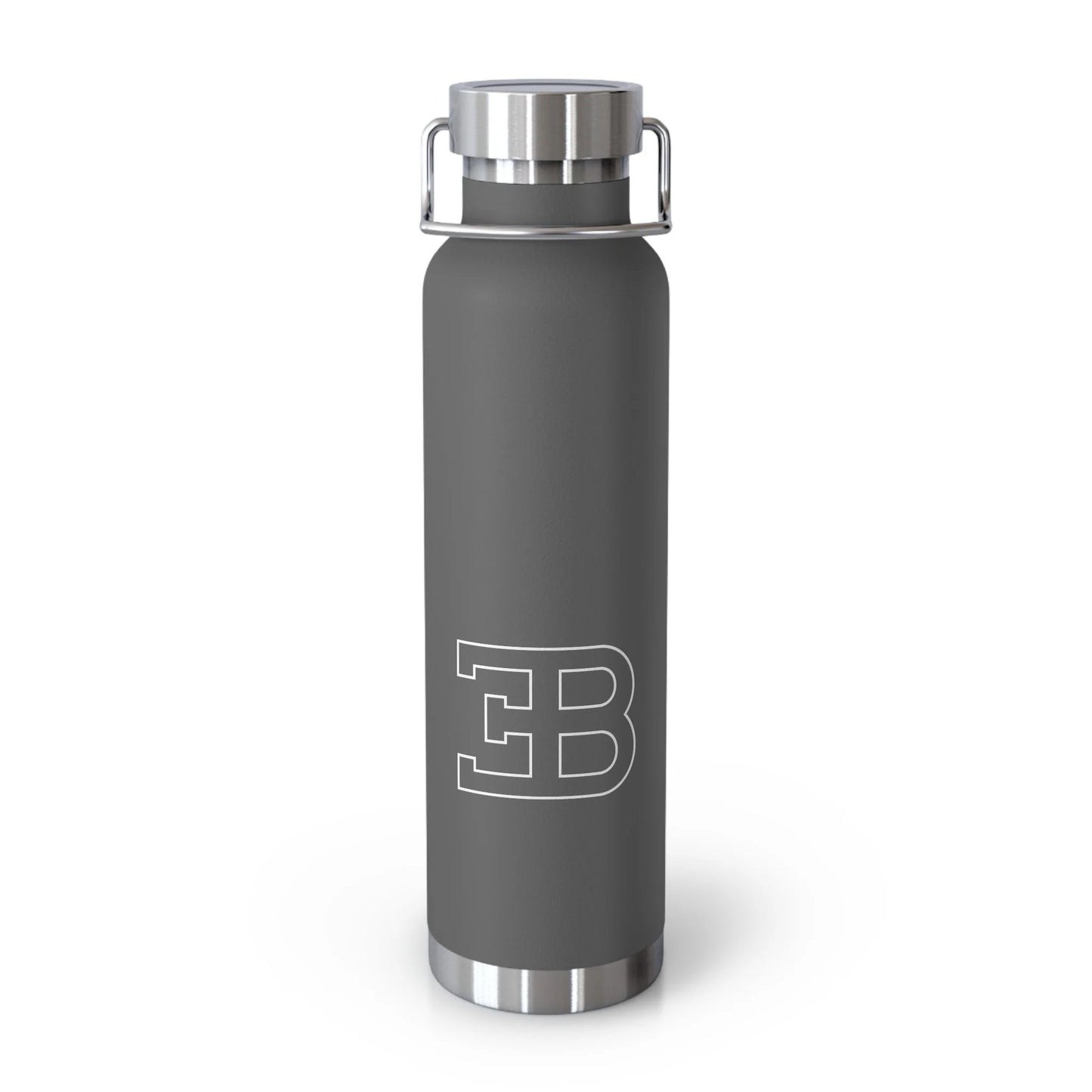 Front View of Grey Bugatti Logo Water Bottle. Copper Vacuum Insulated. Luxury car brand accessories