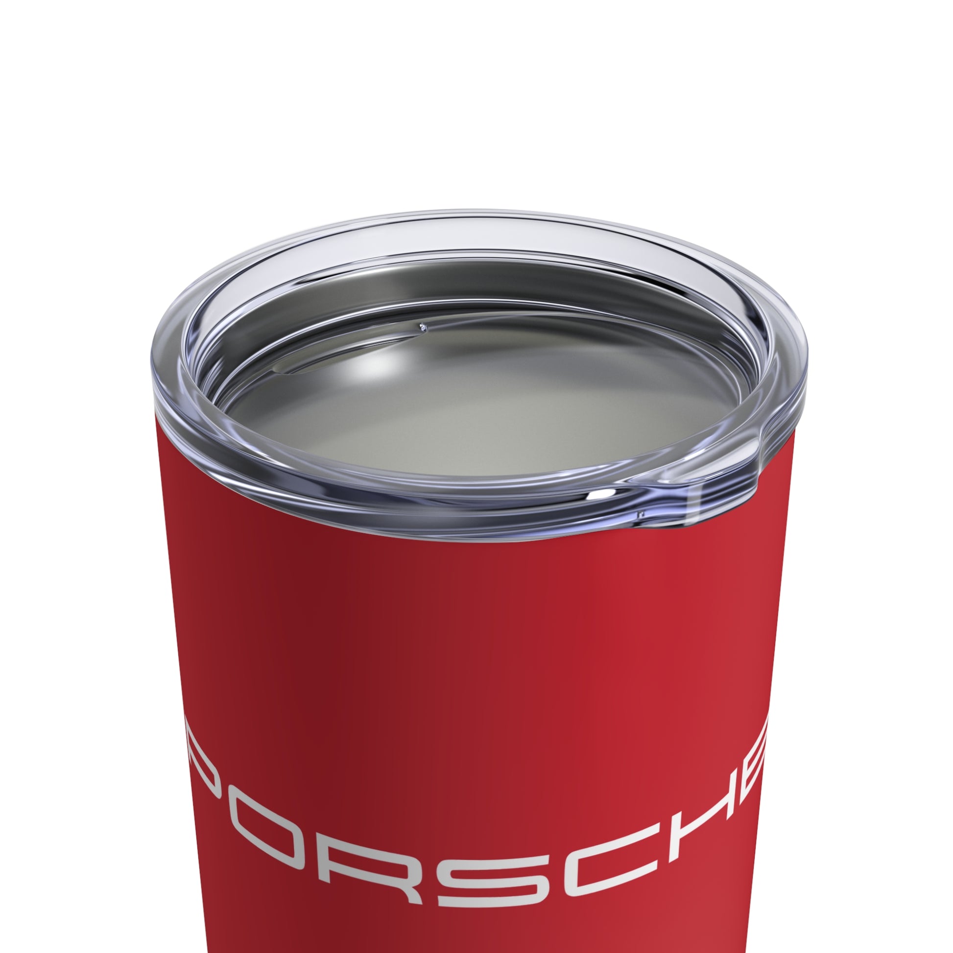 Close-up view of the Guards Red tumbler with Porsche logo in white, featuring a stainless steel interior and clear lid.
