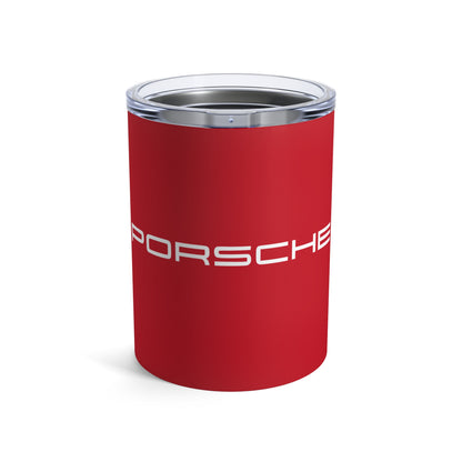 Front view of the Guards Red tumbler with Porsche logo in white, featuring a stainless steel interior and clear lid.
