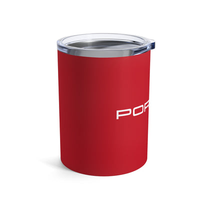 Left view of the Guards Red tumbler with Porsche logo in white, featuring a stainless steel interior and clear lid.
