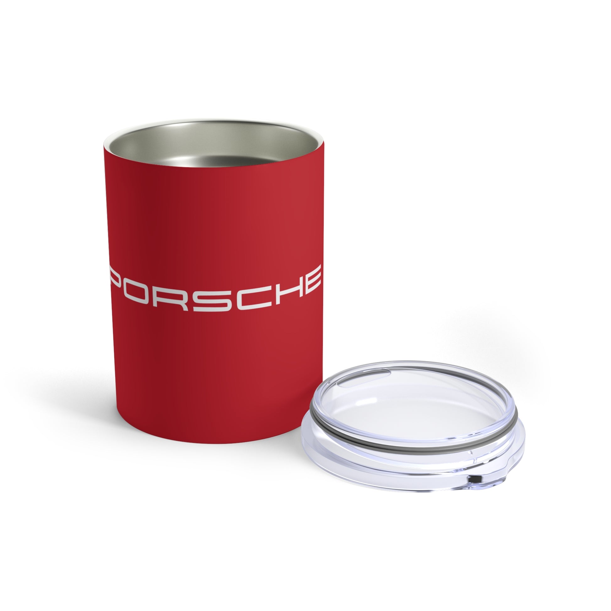 Opened view of the Guards Red tumbler with Porsche logo in white, featuring a stainless steel interior and clear lid.
