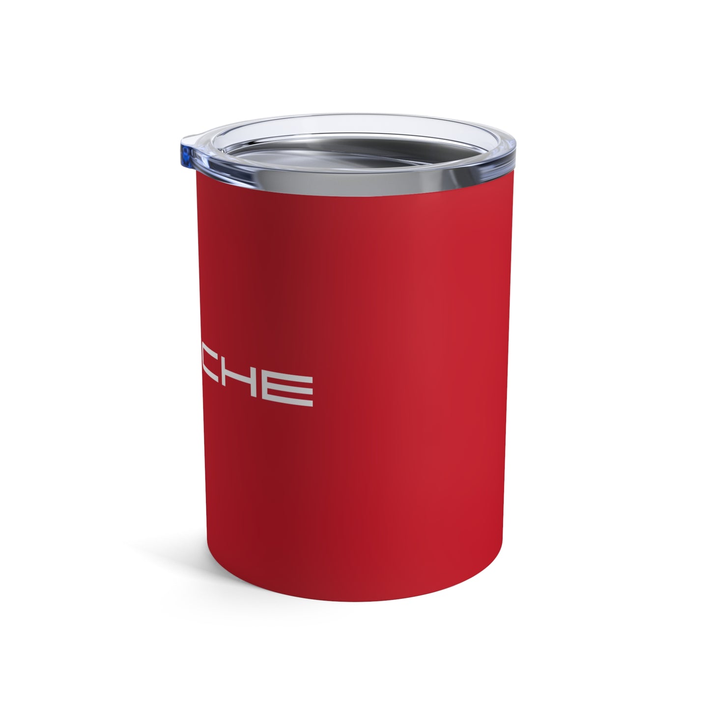 Right view of the Guards Red tumbler with Porsche logo in white, featuring a stainless steel interior and clear lid.
